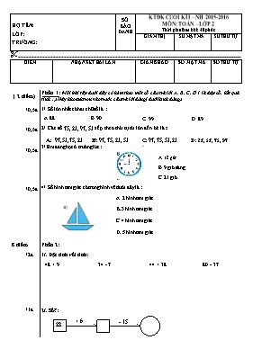 2 Đề kiểm tra định kỳ cuối học kỳ I môn Toán Lớp 2 - Năm học 2015-2016